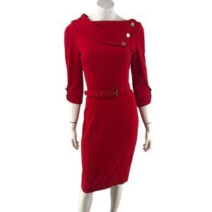 Cache Contour Collection Sheath Dress Size 6 Red Shawl Collar Belted Stretch